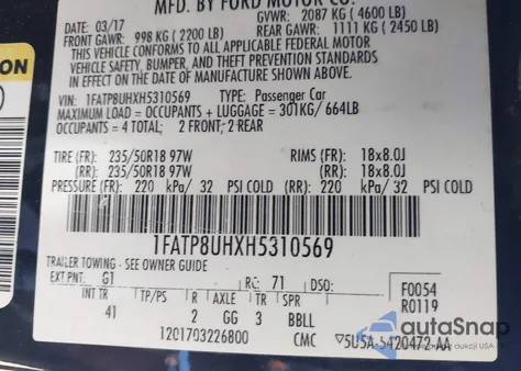 2017 Ford Mustang Ecoboost Premium from USA, damaged, VIN 1FATP8UHXH5310569